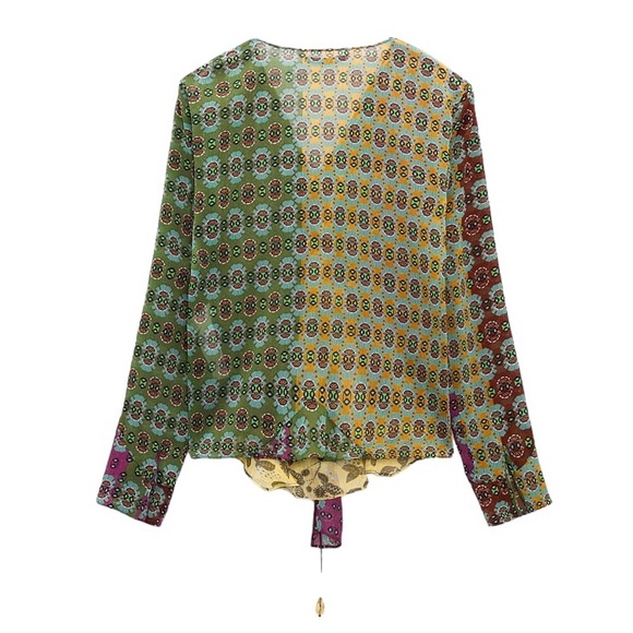 NWT Zara Semi Sheer Chiffon Paisley Printed Tie Neck Beaded Tassel Blouse - XL - Picture 8 of 16